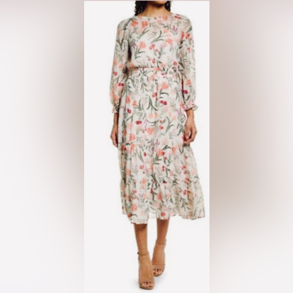 Eliza J Long Sleeve Garden Party Tiered Floral Chiffon Midi Dress ZB2